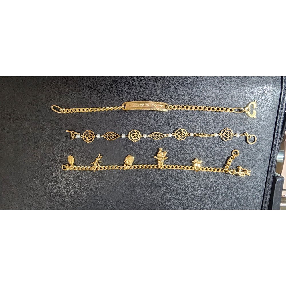 Disney Winnie Pooh Charm Rose Pearl ID Bracelet Bundle Gold Tone 3pc Set - Picture 7 of 14